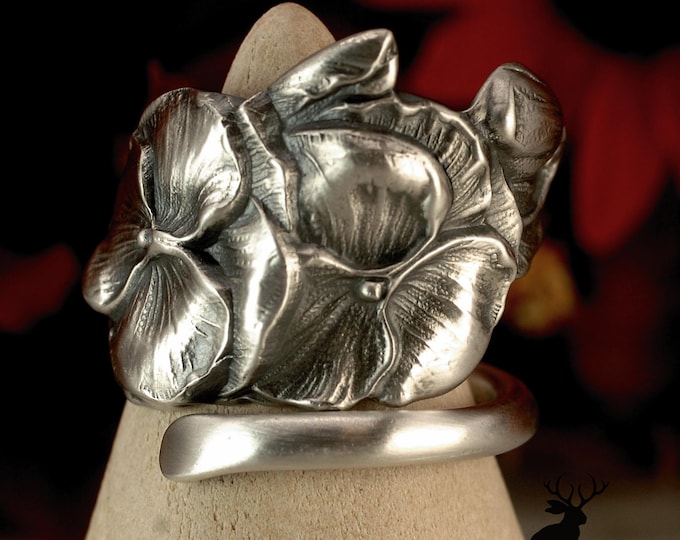 Elegant Pansy Wrap Ring, Vintage Pansy Spiral Ring, Elegant Silver Flower Bloom Ring, Vintage Sterling Silver Spoon Ring, 1983