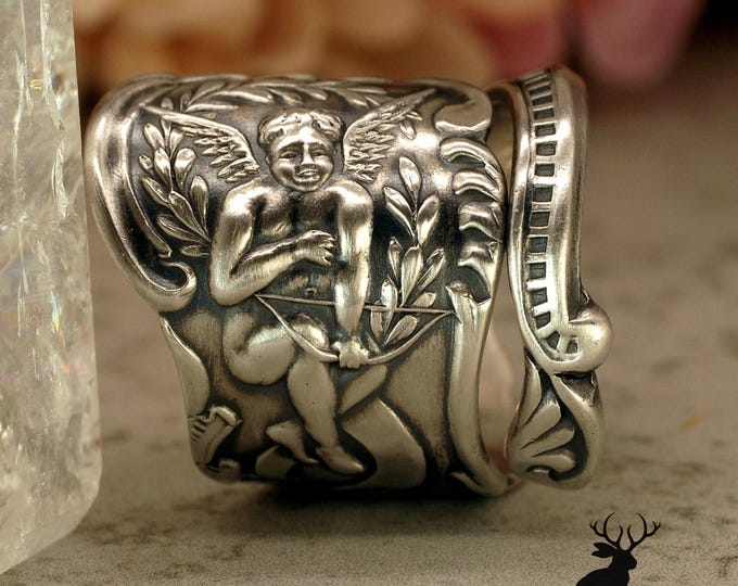 Cupid & Bow Ring, Art Nouveau Lovers Wrap Ring, Vintage Sterling Forget-Me-Not Ring, Vintage Elegant Sterling Silver Spoon Ring, 2314