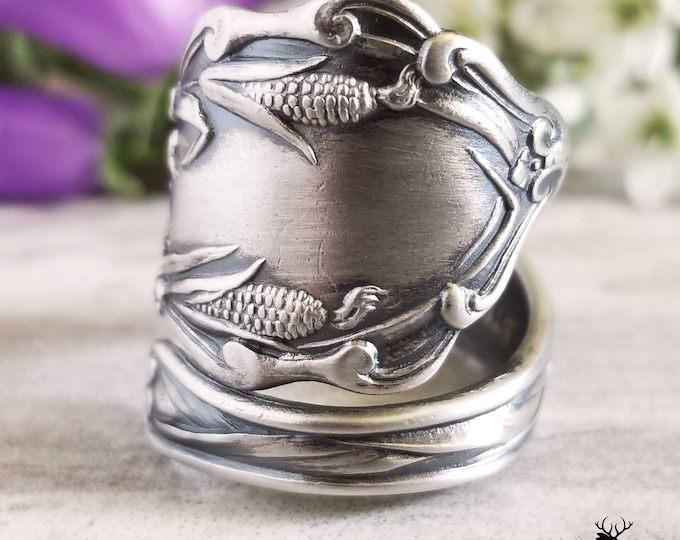 Corn Sterling Wrap Ring, Vegetable Garden Ring, Gardening Ring, Vintage Zea Mays Spoon Jewelry, Nature-Inspired Leaf Grain Spoon Ring, 1198