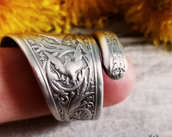 Antique Sterling Silver Gryphon Ring, Boho Ring, Griffith Ring, Bird Wrap Ring, Silver Art Nouveau Ring, Floral Art Nouveau Spoon Ring, 1859