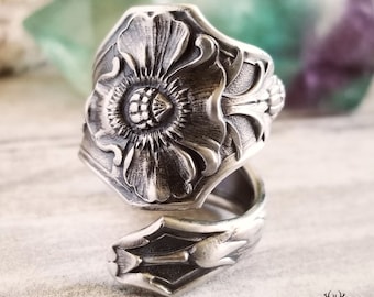 Vintage Poppy Spoon Ring, Floral Poppy Sterling Ring, Vintage Flower Ring, Art Nouveau Sterling Silver Flower Spoon Ring, Gift for Her, 946