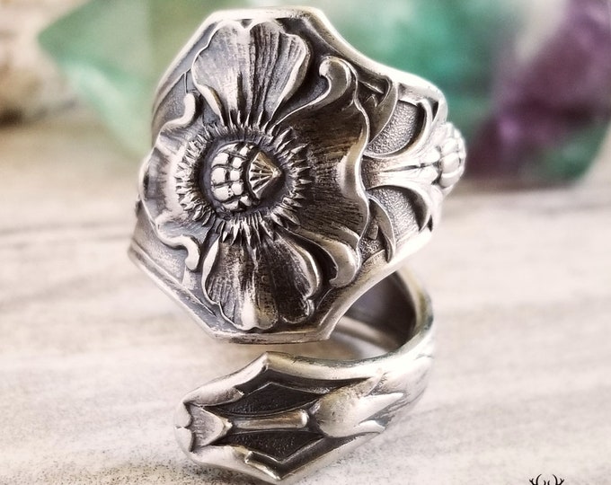 Vintage Poppy Spoon Ring, Floral Poppy Sterling Ring, Vintage Flower Ring, Art Nouveau Sterling Silver Flower Spoon Ring, Gift for Her, 946