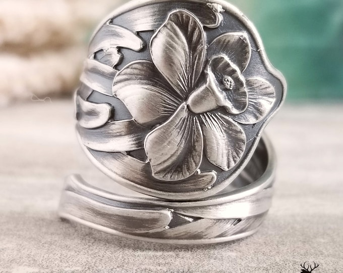 Daffodil Sterling Wrap Ring, Floral Bloom Ring, Vintage Wildflower Ring, Silver Spoon Ring, Floral Ring, Antique Silver Flower Ring, 867