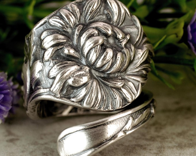 Chrysanthemum Silver Wrap Ring, Antique Sterling Kiku Ring, Flower Bloom Ring, Floral Blossom Jewelry, Art Nouveau Sterling Spoon Ring, 628B