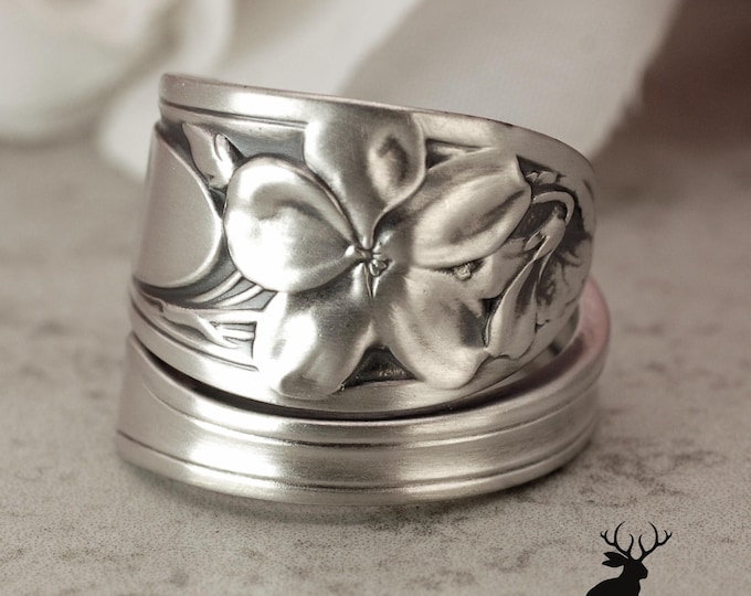 Violet Blossom Sterling Wrap Ring, Vintage Floral Silver Spiral Ring, Sterling Silver Botanical Ring, Antique Wallace Violet Spoon Ring, 913
