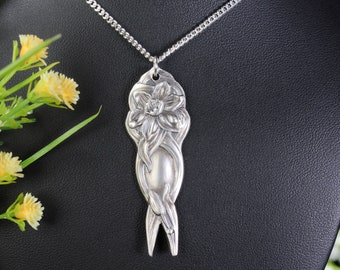 Sterling Silver Daffodil Pendant, Silver Flower Pendant, Art Nouveau Pendant, Sterling Floral Jewelry, Art Nouveau Bridal Necklace 334P