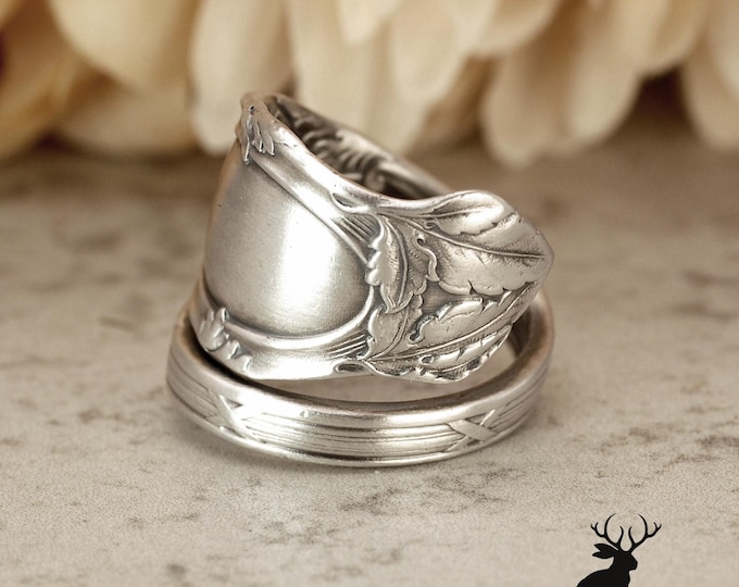 Botanical Sterling Wrap Ring, Nature-Inspired Spiral Leaf Ring, Antique Silver Spoon Jewelry, Sterling Silver Oak Leaf Spoon Ring, 1708C