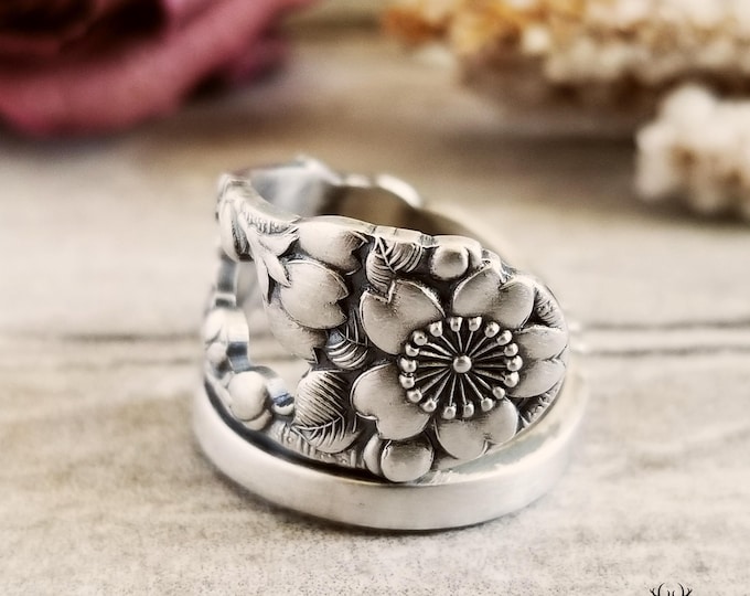 Sterling Sakura Ring, Japanese Cherry Blossom Ring, Hanami Spring Celebration Ring, Sterling Blossom Ring, Cherry Blossom Spoon Ring, 1762