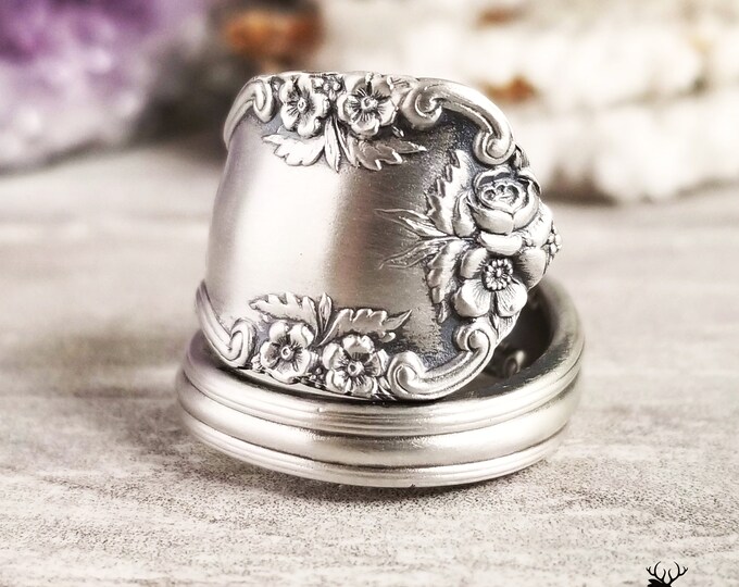 Wild Rose Sterling Silver Bloom Ring, Vintage Silver Rose Spiral Ring, Elegant Floral Sterling Wrap Ring, Antique Floral Spoon Ring, 1273
