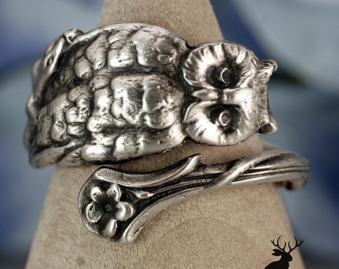 Sterling Silver Owl Spoon Ring, Rare Antique Avian Spoon Pattern, Whimsical Bird Jewelry, Bird Watchers Gift, Dainty Owl Wrap Ring, 406
