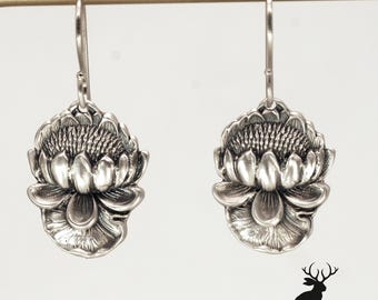 Sterling Lotus Dangle Earrings, Art Nouveau Waterlily Earrings, Dangle Flower Earrings, Silver Flower Earrings, Lotus Dangle Earrings, 142-A