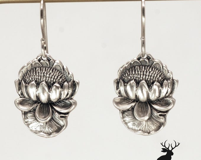 Sterling Lotus Dangle Earrings, Art Nouveau Waterlily Earrings, Dangle Flower Earrings, Silver Flower Earrings, Lotus Dangle Earrings, 142-A