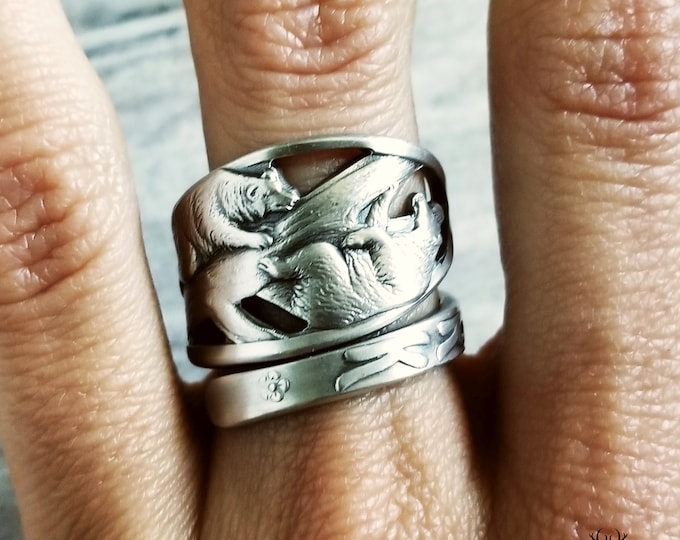 Sterling Yellowstone Bear Cubs Ring, Bear Cub Silver Ring, Sterling Silver Bear Ring, Grizzly Bear Silver Ring, Teddy Bear Spoon Ring, 1916