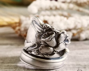 Unique Daffodil Sterling Ring, Floral Wildflower Ring, Vintage Narcissus Ring, Silver Spoon Ring, Floral Ring, Antique Flower Ring, 1831
