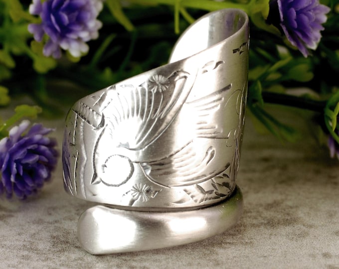 Bluebird Sterling Ring, Bluebird of Happiness Jewelry, Silver Bird Ring, Sterling Bird Ring, Antique Avian Silver Spoon Ring, 2186