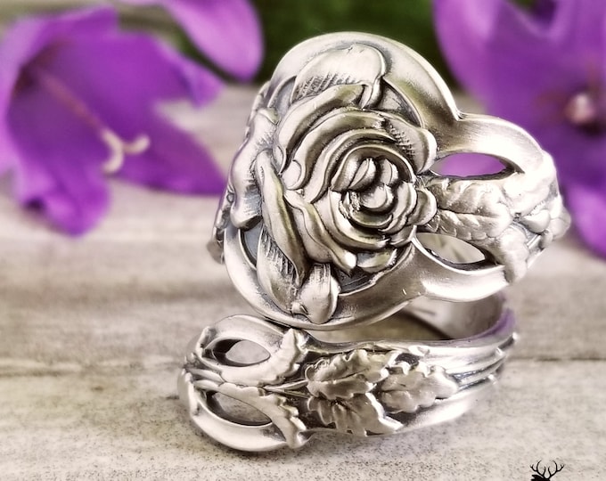 Antique Rose Sterling Silver Spoon Ring, Rose Floral Spoon Ring, Vintage Flower Ring, Sterling Spoon Ring, Vintage Spoon Jewelry, 100