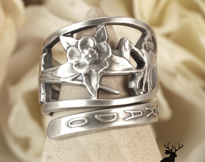 Columbine Flower Wrap Ring, Vintage Sterling Spiral Ring, Colorado Spoon Ring, Floral Spoon Jewelry, Sterling Silver Spoon Ring, 1704B
