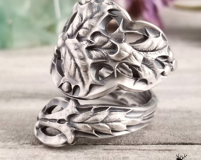 Holly Botanical Ring, Art Nouveau Holly Sterling Wrap Ring, Mistletoe Spiral Ring, Antique Christmas Silver Ring, Plant Spoon Ring, 138