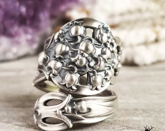 Lily of the Valley Sterling Wrap Ring, Silver Vintage Floral Ring, Spring Lily Spiral Ring, Antique Silver Floral Bloom Spoon Ring, 323