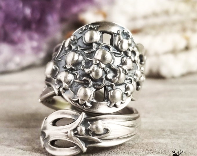 Lily of the Valley Sterling Wrap Ring, Silver Vintage Floral Ring, Spring Lily Spiral Ring, Antique Silver Floral Bloom Spoon Ring, 323