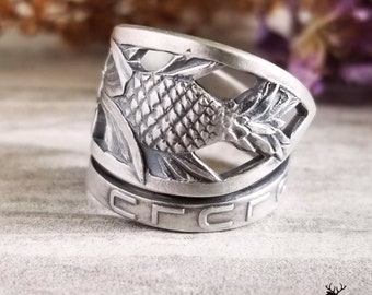 Pineapple Spoon Ring, Pineapple Sterling Silver Ring, Vintage Hawaii Ring, Art Nouveau Sterling Floral Ring, Pineapple Jewelry, 869A
