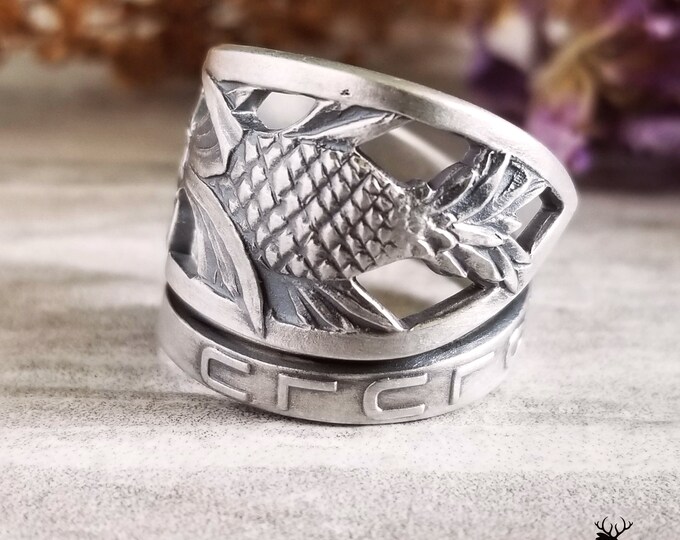 Pineapple Spoon Ring, Pineapple Sterling Silver Ring, Vintage Hawaii Ring, Art Nouveau Sterling Floral Ring, Pineapple Jewelry, 869A