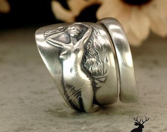 Rare Sterling Goddess Ring, Silver Spiral Amphitrite Ring, Divine Feminine Goddess Ring, Art Nouveau Ring, Art Nouveau Spoon Ring, 2330