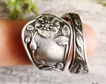 Elegant Wild Rose Ring, Antique Rose Sterling Silver Ring, Sterling Floral Rosa Spiral Ring, Vintage Flower Ring, Vintage Spoon Ring, 162