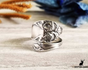 Vintage Rose Wrap Ring, Garden Rose Ring, Rosalie Spiral Ring, Antique T. H. Marthinsen Rosa Ring, 830 Silver English Roses Spoon Ring, 848