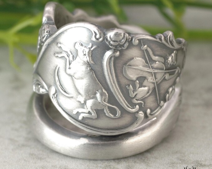 Hey Diddle Diddle Wrap Ring, Sterling Silver Cat & Fiddle Ring, Mother Goose Nursery Rhyme Ring, Cow Jumped Over The Moon Spoon Ring, 2160