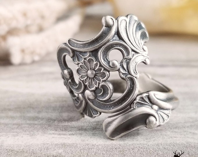 Stunning Floral Flourish Ring, Danish Sterling Silver Flower Ring, Vintage Art Nouveau Ring, Sterling Antique Spoon Ring, Rococo Ring, 1421