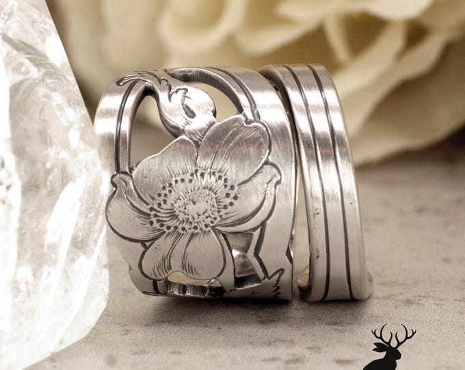 Wallace Wild Rose Ring, Vintage Silver Rosa Wrap Ring, Sterling Rosa Canina Bloom Ring, Sterling Silver Antique Floral Spoon Ring, 2426