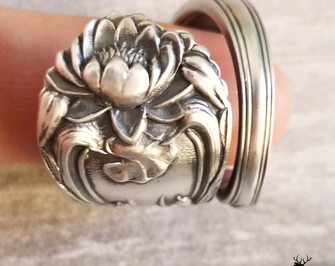 Sterling Lotus Wrap Ring, Waterlily Spiral Ring, Vintage Cattails & Blossoms Ring, Antique Sterling Silver Sacred Lotus Spoon Ring, 131