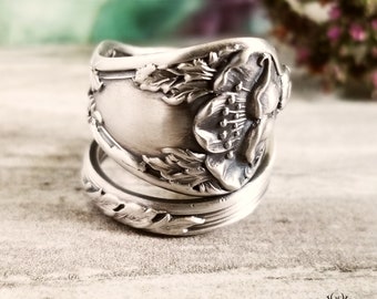 Sterling Poppy Wrap Ring, Vintage Floral Bloom Ring, Sterling Wildflower Ring, Vintage Flower Ring, Sterling Flower Spoon Ring, 845C