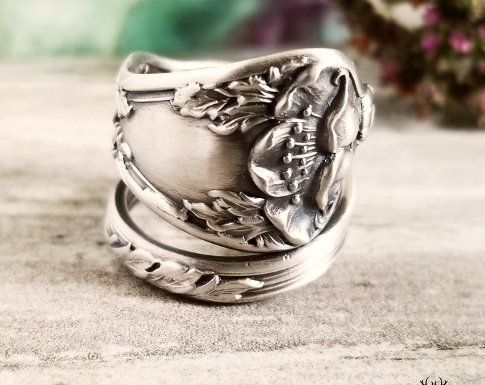 Sterling Poppy Wrap Ring, Vintage Floral Bloom Ring, Sterling Wildflower Ring, Vintage Flower Ring, Sterling Flower Spoon Ring, 845C