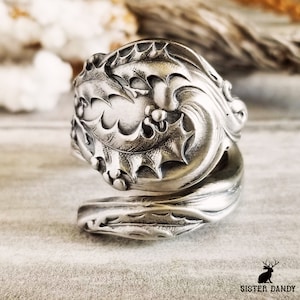 Rare Shiebler Holly Wrap Ring, Sterling Silver Antique Christmas Ring, Botanical Winter Ring, Mistletoe Spoon Ring, Plant Spoon Ring, 608