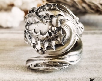 Rare Shiebler Holly Wrap Ring, Sterling Silver Antique Christmas Ring, Botanical Winter Ring, Mistletoe Spoon Ring, Plant Spoon Ring, 608