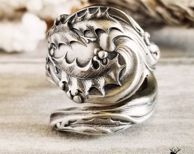 Rare Shiebler Holly Wrap Ring, Sterling Silver Antique Christmas Ring, Botanical Winter Ring, Mistletoe Spoon Ring, Plant Spoon Ring, 608