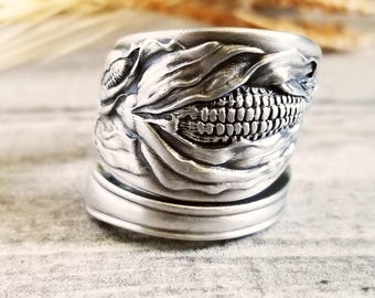 Zea Mays Wrap Ring, Solid .925 Sterling Silver Corn Ring, Vegetable Garden Ring, Unique Maize Jewelry, Nature Inspired Leaf Spoon Ring, 1407