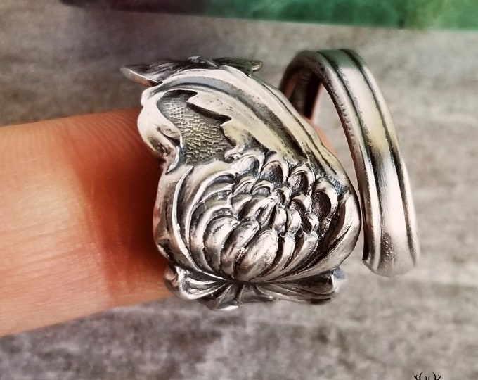 Antique Manchester Chrysanthemum Ring, Elegant Kiku Statement Ring, Dendranthema Gardeners Gift, Art Nouveau Sterling Spoon Ring, 1451