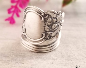 Art Nouveau Floral Poppy Sterling Ring, Poppies Wildflower Vintage Spoon Ring, Vintage Flower Ring, Sterling Silver Flower Spoon Ring, 671