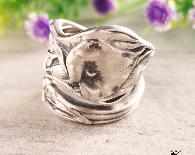 Elegant Calla Lily Ring, Art Nouveau Lily Sterling Silver Wrap Ring, Vintage Floral Calla Lily Ring, Antique Silver Bloom Spoon Ring, 167