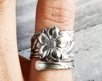 Columbine Flower Wrap Ring, Antique Art Nouveau Silver Aquilegia Ring, Vintage Floral Blossom Jewelry, Sterling Silver Spoon Ring, 1576