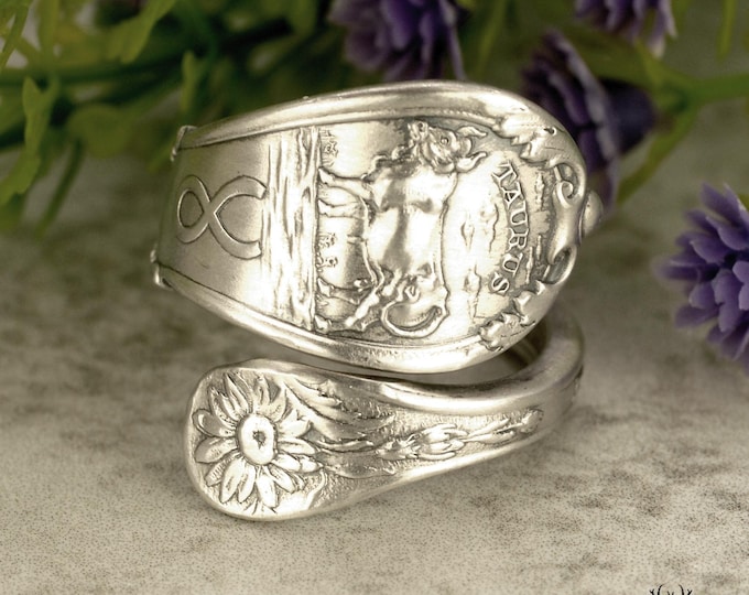 Taurus Zodiac Silver Bull Ring, Sterling Silver Ring, Dainty Zodiac Ring, Taurus Silver Spoon Ring, Silver Astrology Wrapping Ring, 769B