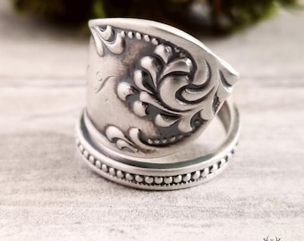 Sterling Boho Wrap Ring, Victorian Sterling Spiral Ring, Rococo Style Statement Ring, Sterling Spoon Ring, Antique Spoon Jewelry Gift, 1801