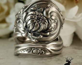 Rare Shiebler Chrysanthemum Bloom Ring, Elegant Art Nouveau Mum Wrap Ring, Antique Sterling Silver Shiebler Silversmiths Spoon Ring, 2374