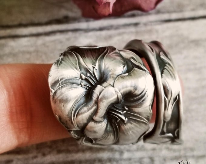 Rare Wallace Morning Glory Sterling Ring, Spiral Ipomoea Ring, Unique Floral Ring, Elegant Wrap Ring, Sterling Silver Elegant Ring, 796