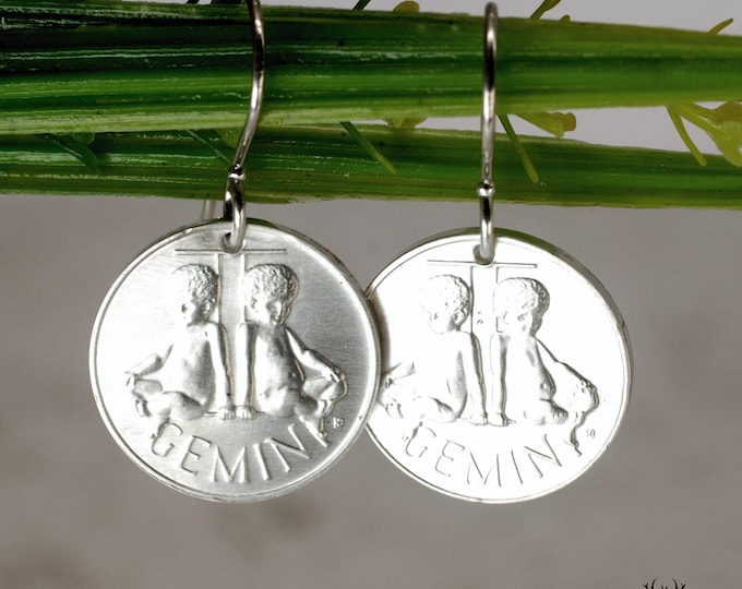 Sterling Silver Gemini Dangle Earrings, Silver Zodiac Twins Earrings, Art Nouveau Air Sign Astrology Dangle Earrings, Gemini-E3