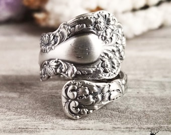 Chrysanthemum Sterling Silver Ring, Art Nouveau Sterling Kiku Wrap Ring, Antique Mum Flower Ring, Ju Hua Ring, Floral Spoon Ring, 1000B