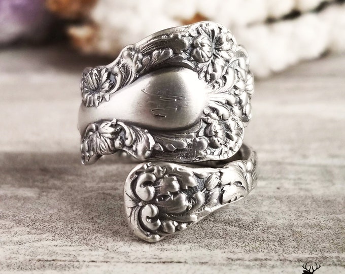 Chrysanthemum Sterling Silver Ring, Art Nouveau Sterling Kiku Wrap Ring, Antique Mum Flower Ring, Ju Hua Ring, Floral Spoon Ring, 1000B